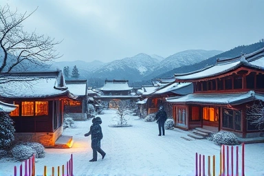 Cozy snow-covered Korean village with mountains